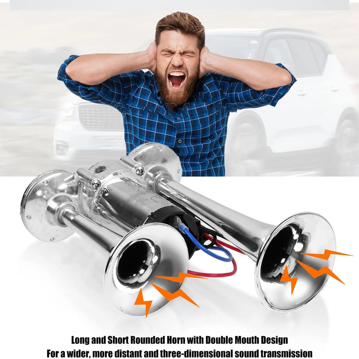 A chrome double-mouth car horn is shown next to a man looking frustrated in front of a white car.
