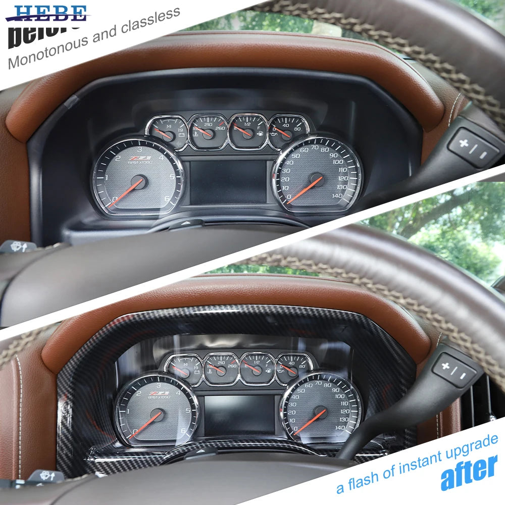 Aftermarket ABS dashboard trim panel for Chevrolet Silverado and GMC Sierra showing an upgraded interior view.