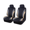 A pair of black car seat covers with light tan accents shown from the side.