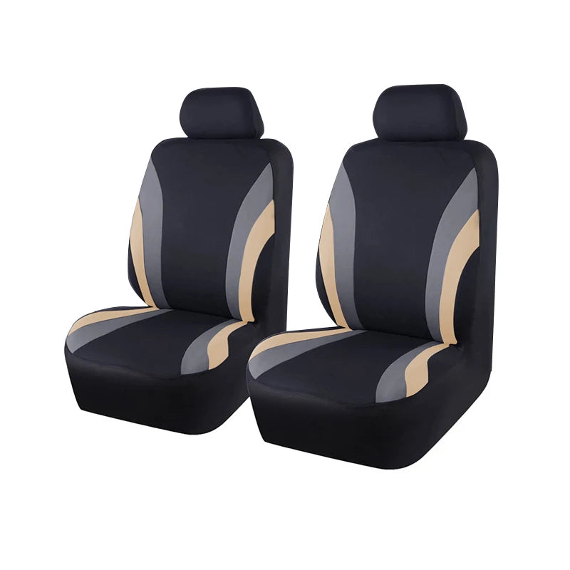 A pair of black car seat covers with light tan accents shown from the side.