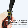 A hand is demonstrating a black heavy duty motorcycle seat strap kit with an ergonomic, non-slip design.