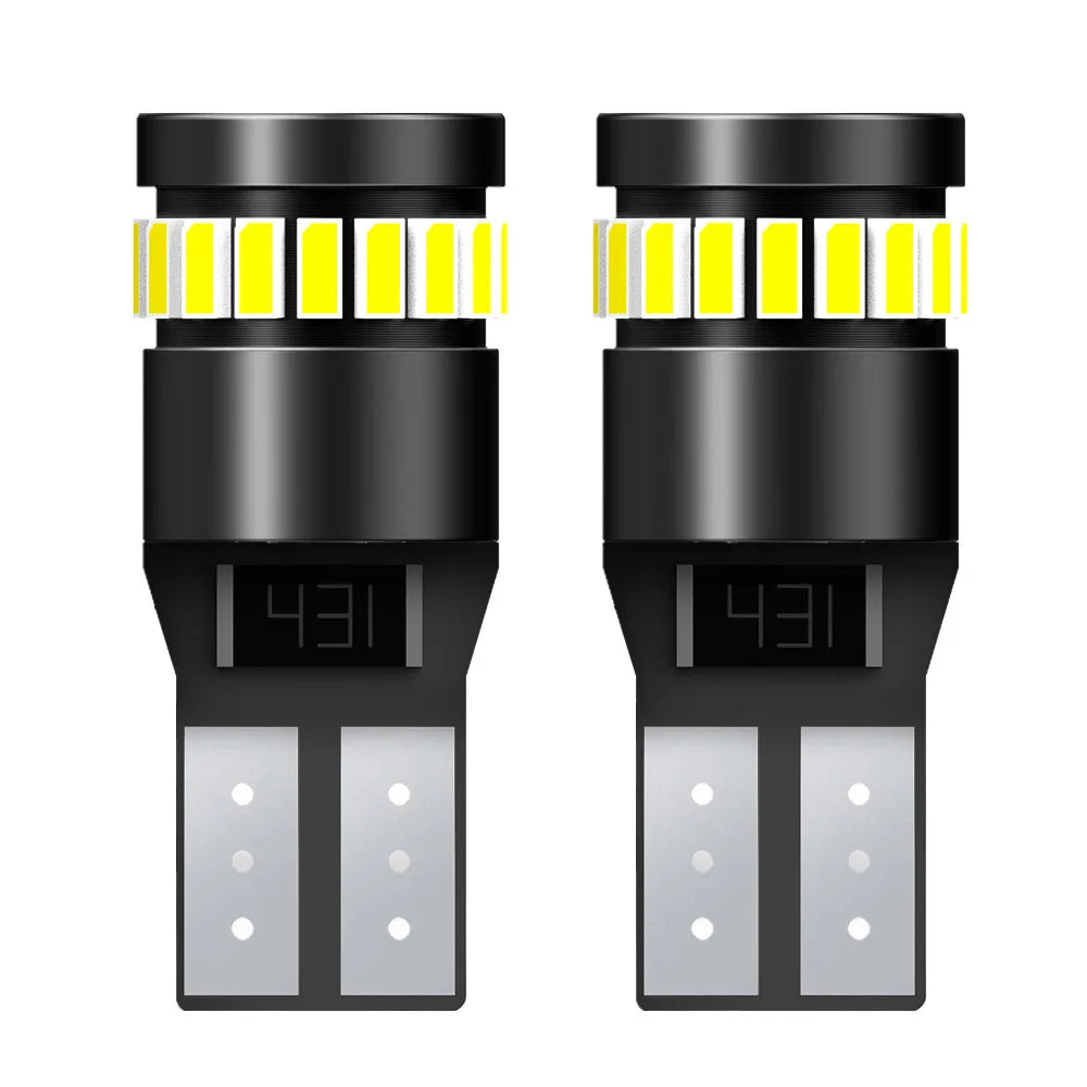 A pair of Canbus Error-Free T10 LED bulbs for various vehicles, shown in black housing.
