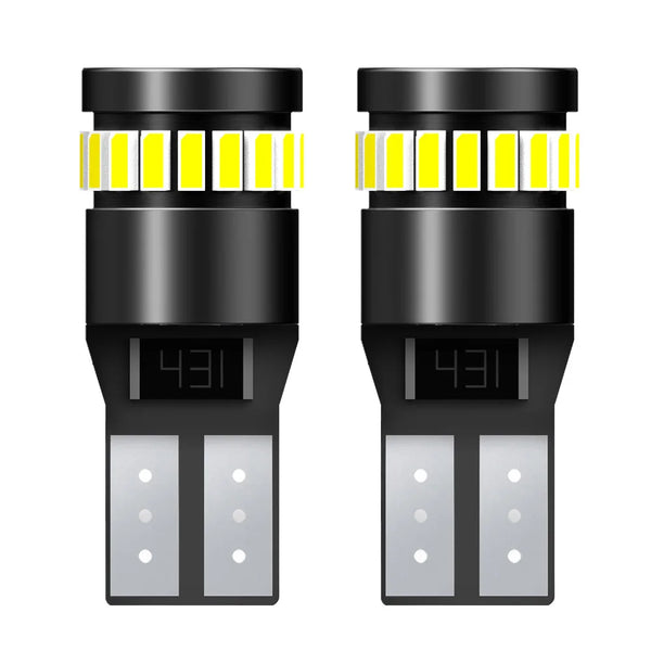 A pair of Canbus Error-Free T10 LED bulbs for various vehicles, shown in black housing.