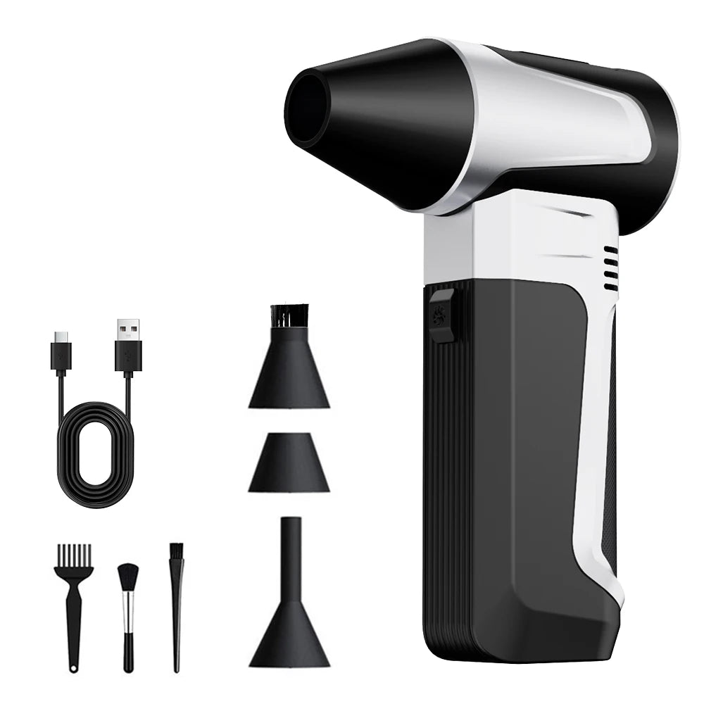 A black and silver high-speed turbo air blower with various accessories including a nozzle, brush, and cleaning tools.