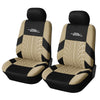 A pair of black car seat covers with beige accents and auto youth branding.