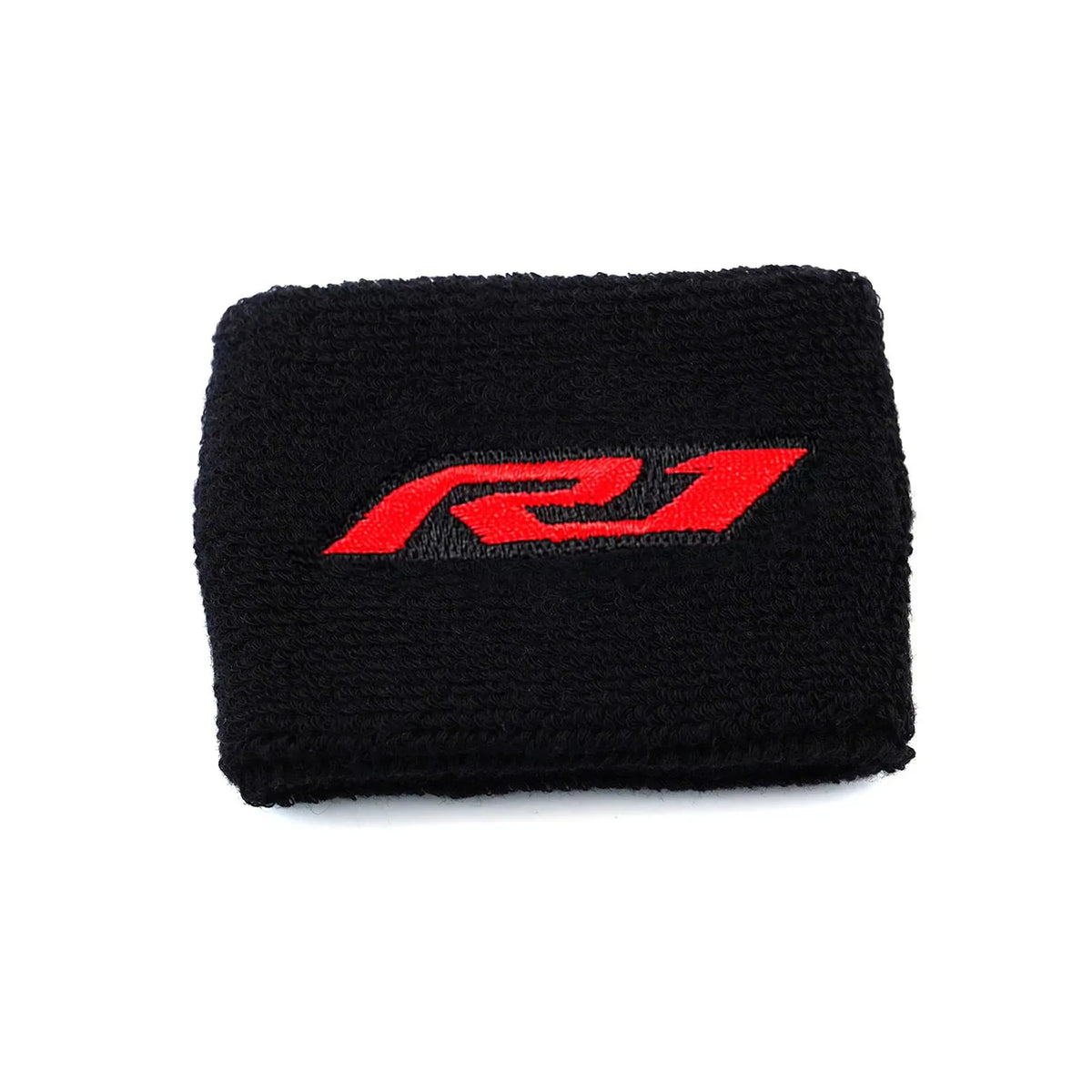 Couverture en tissu noir pour réservoir de liquide de frein de moto, avec un logo rouge et argent.
