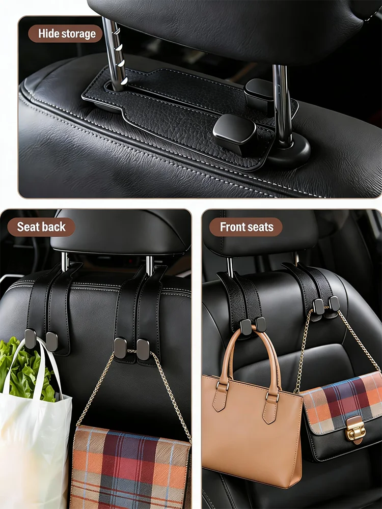 Black car headrest storage hooks and seat back with leather straps and various bags