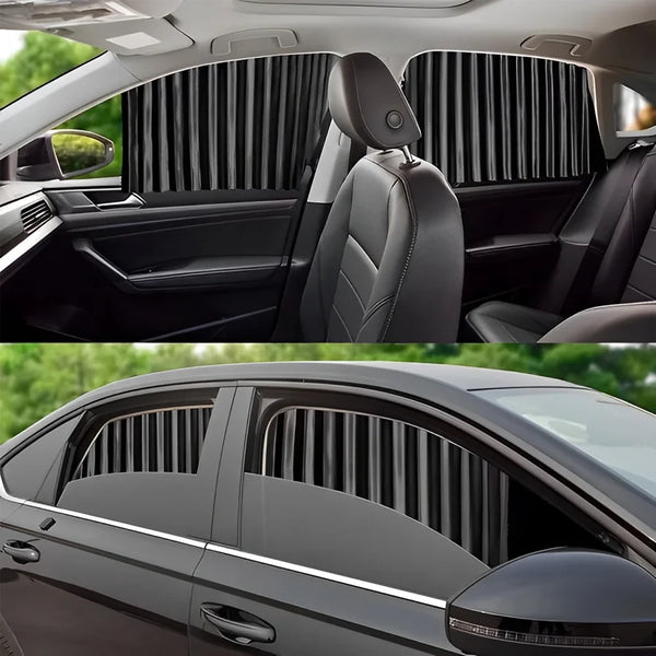 Interior view of a car showing magnetic sun shades on the rear windows and a close-up of a tinted window.
