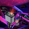 A retractable car charger with built-in cable and starry lights is shown illuminating a car interior.
