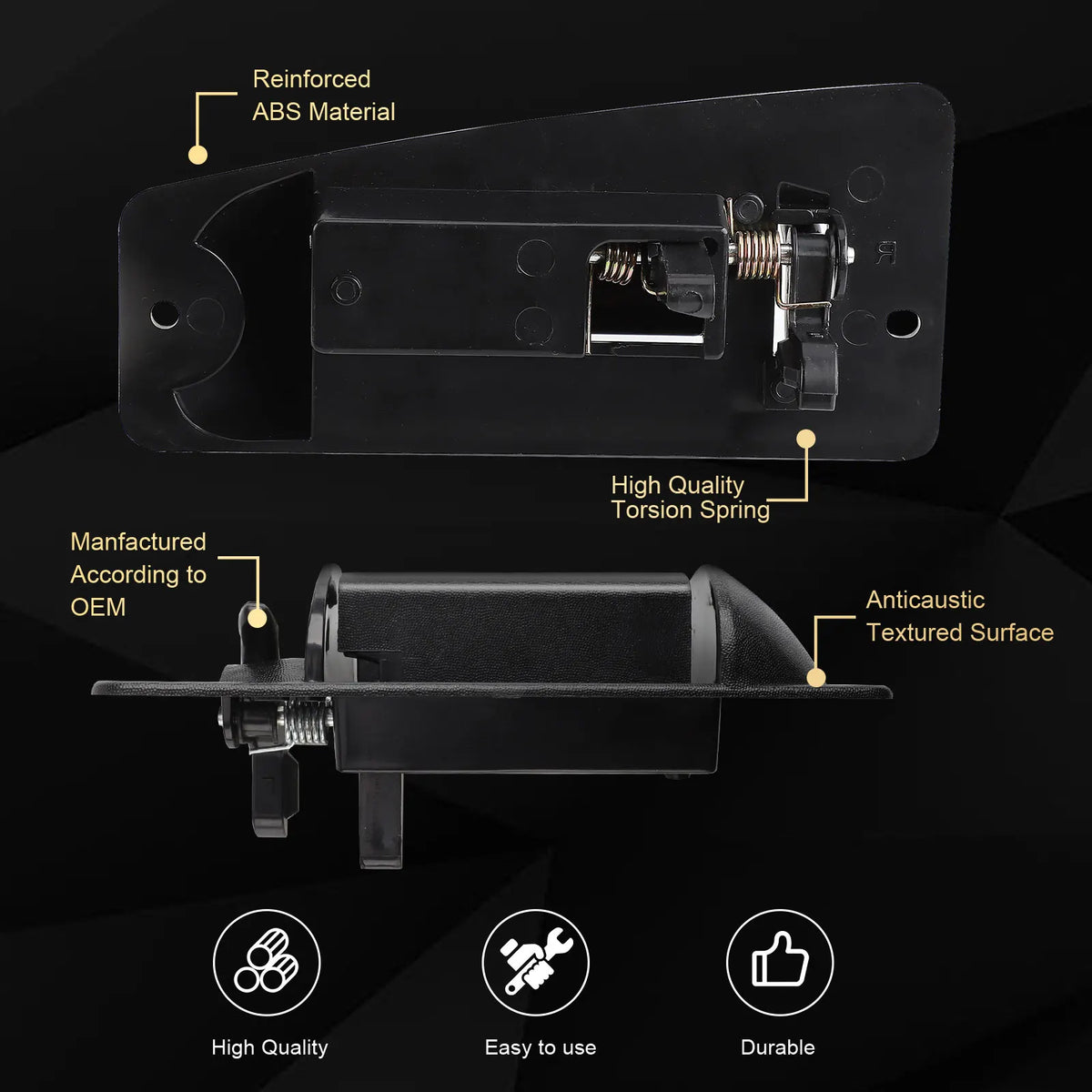 A black exterior door handle mechanism featuring a reinforced ABS material and a high-quality torsion spring.