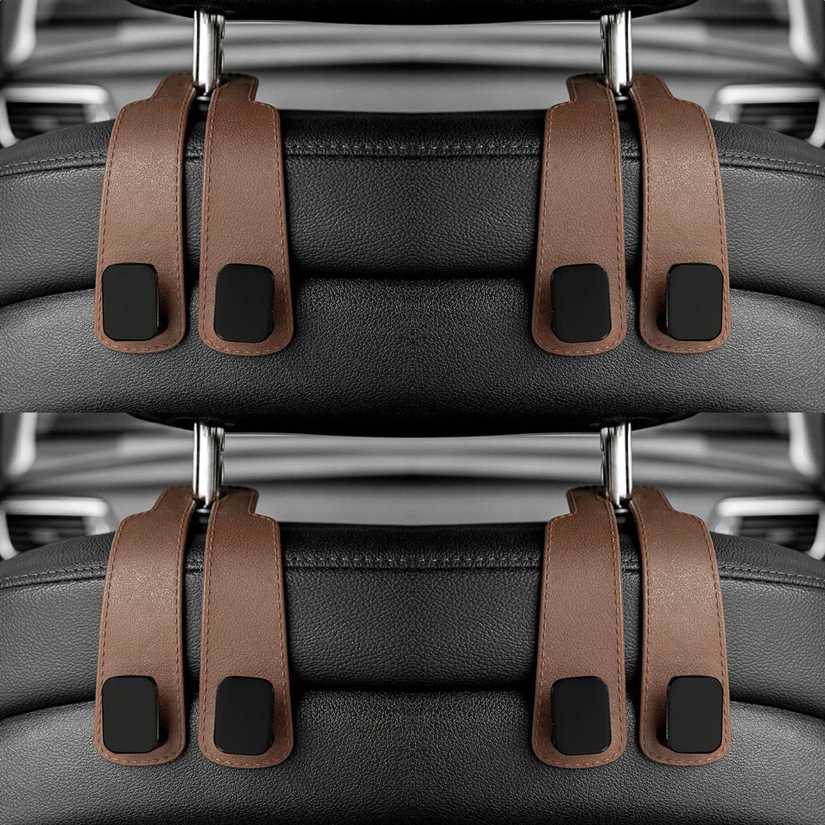 Car headrest hooks in brown leather securing a bag or item.