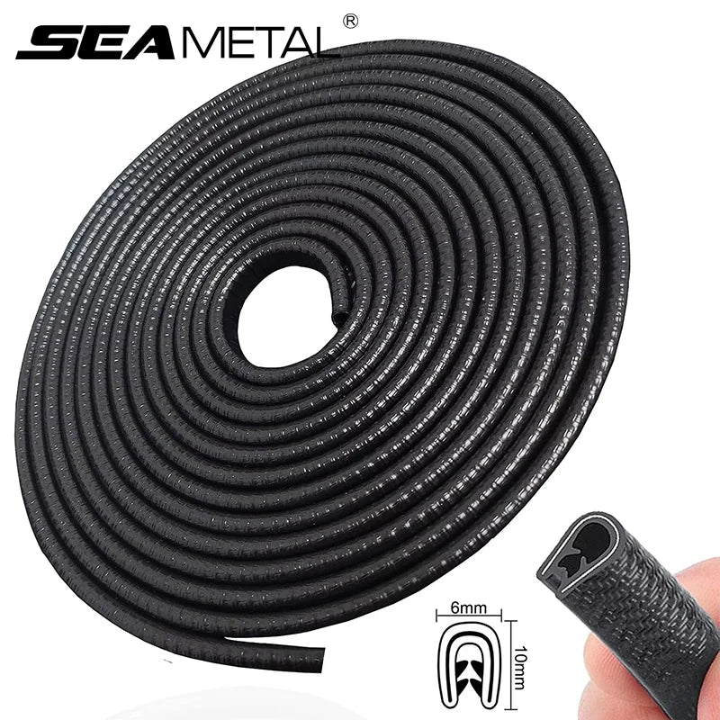 Roll of black U-shape car door edge protector trim with a 6mm thickness and 10mm length shown in a coil.