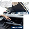 A retractable car sunshade is shown being installed in a vehicle and stored in the trunk.