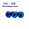 A set of titanium blue button head hex bolts, ranging from M4 to M8, made of 304 stainless steel.