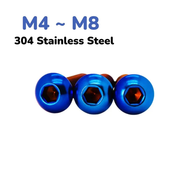 A set of titanium blue button head hex bolts, ranging from M4 to M8, made of 304 stainless steel.