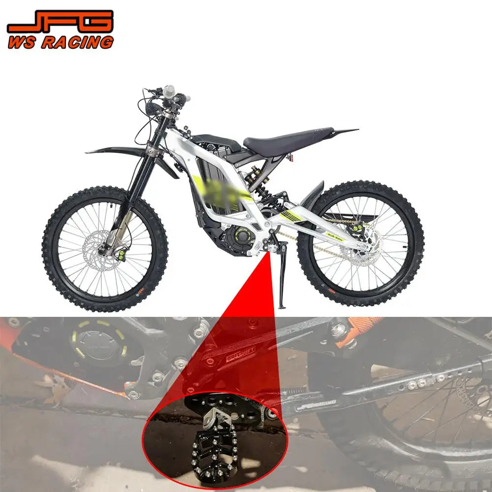 A white motorcycle is shown with heavy-duty CNC foot pegs installed on the bike's frame.
