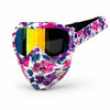 Tactical full face motorcycle goggles with colored lenses featuring a vibrant floral pattern.