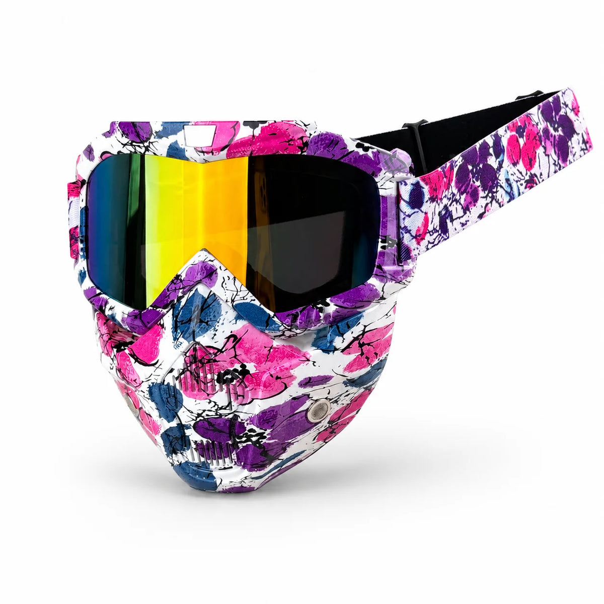 Tactical full face motorcycle goggles with colored lenses featuring a vibrant floral pattern.