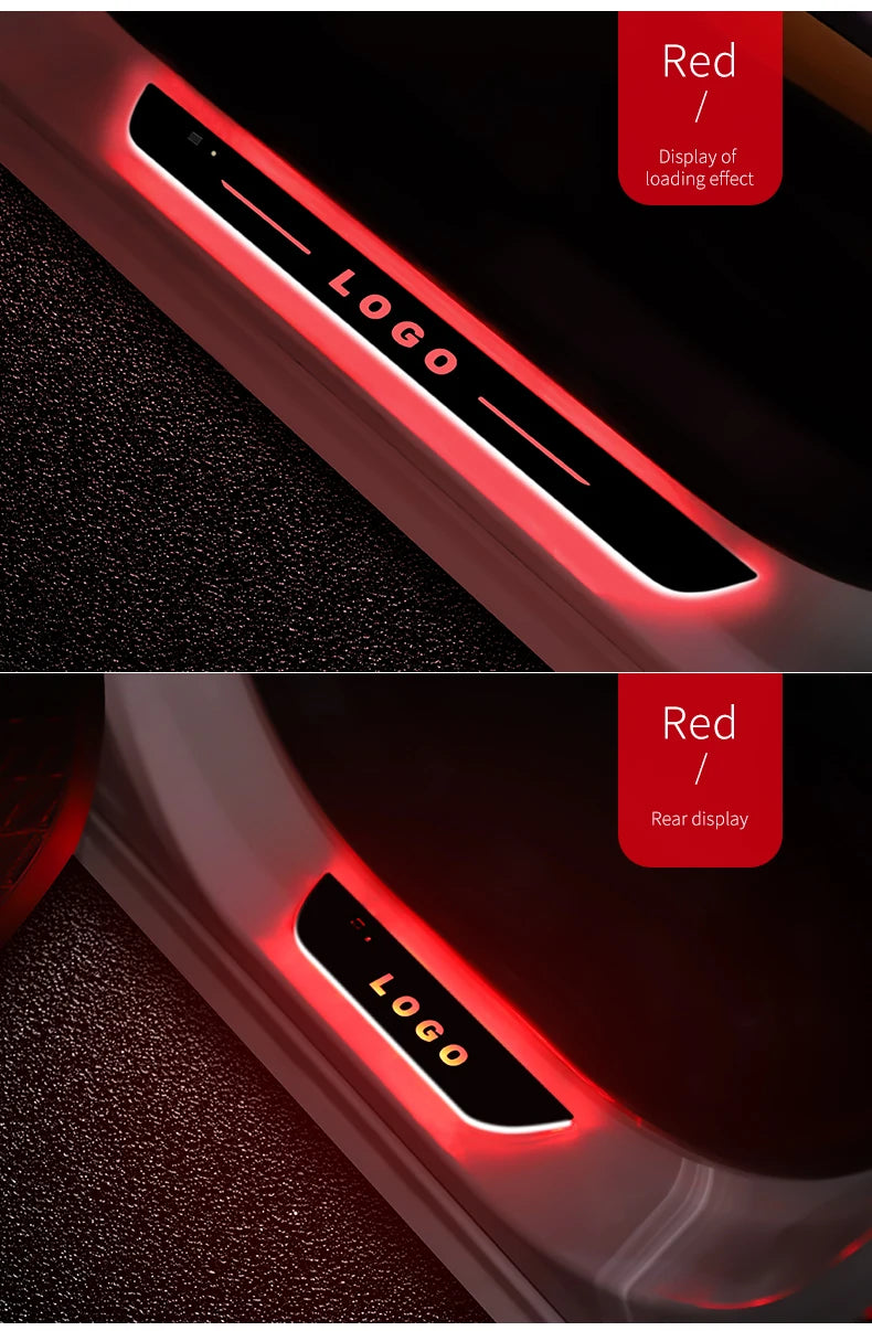 Close-up of a red logo display light on a door sill, showing a loading effect.