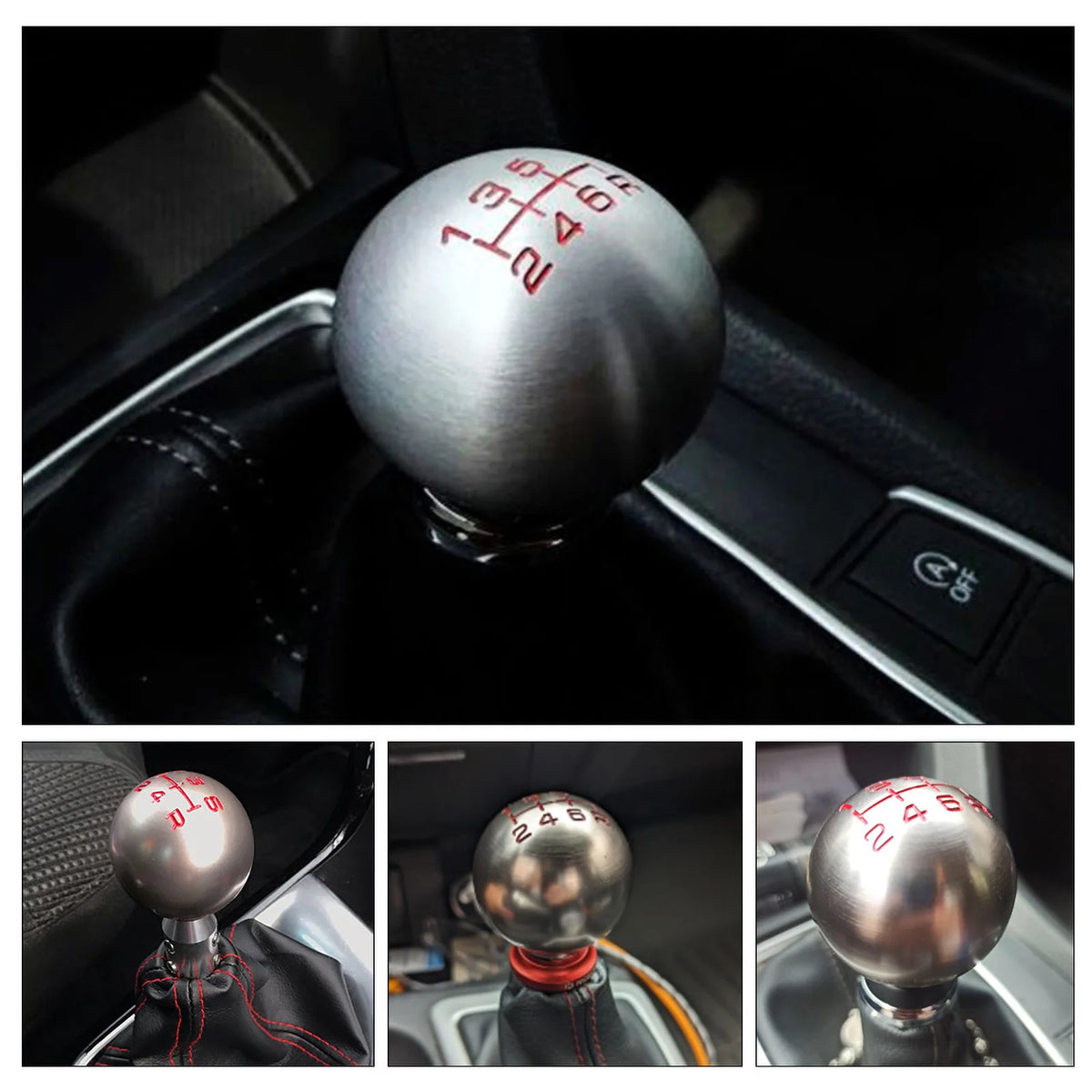 Close-up view of an aluminum matte ball shift knob with red markings inside a car gear shifter.