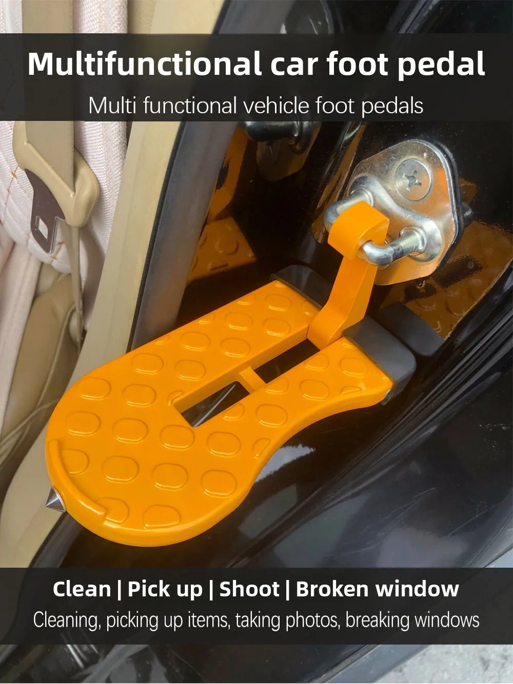 An orange multifunctional car foot pedal used as a heavy-duty vehicle roof access hook.