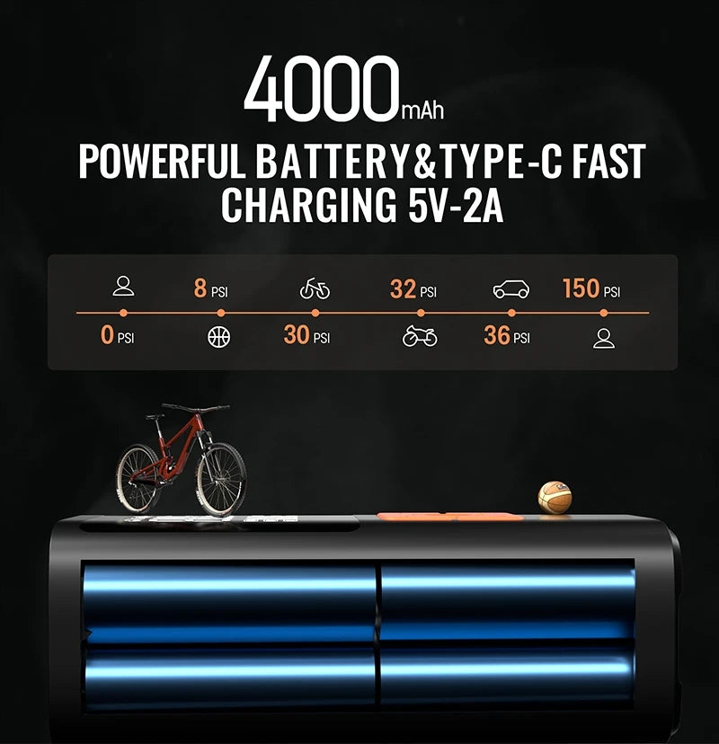 Compresseur d'air portable et gonfleur de pneus avec indicateurs de PSI et lumières LED bleues.