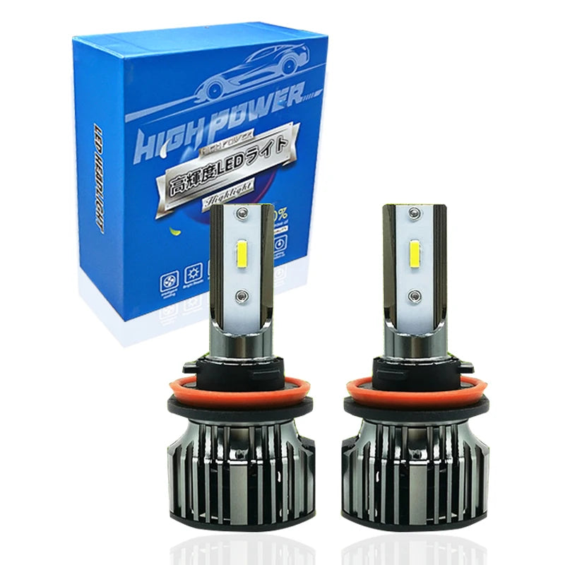 A packaged high-power LED light bulb for car headlights with a silver and black housing.