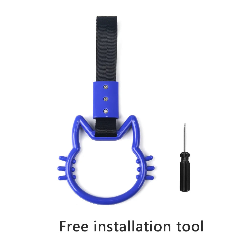 A blue and black installation tool featuring a strap and a hand pull ring for car rear bumper warning straps.