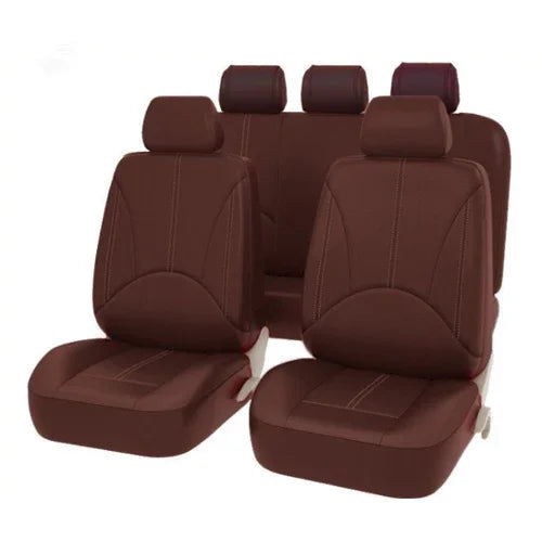 A set of brown universal PU leather car seat covers for a vehicle.