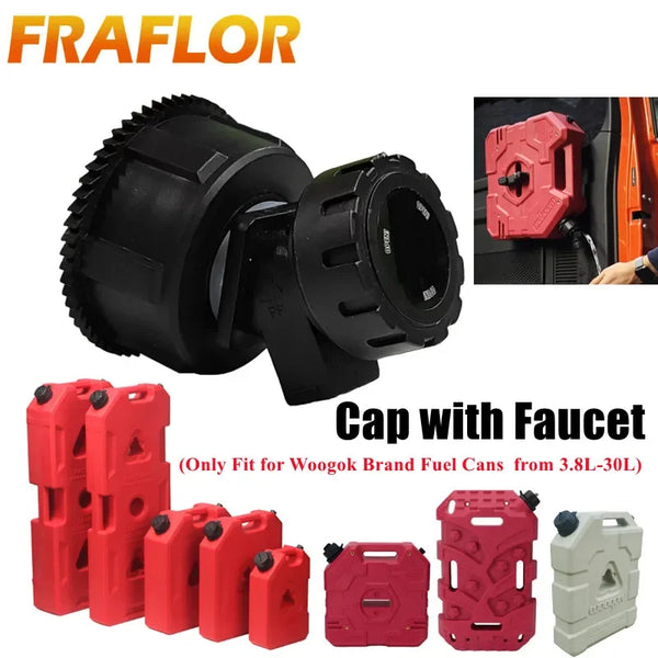 A set of red and gray universal fuel cans with faucets for adapting fuel to water.