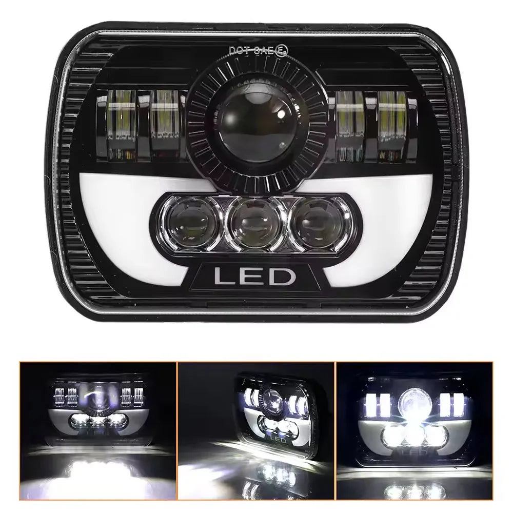 A square LED headlight assembly with an integrated turn signal and reflector lens.