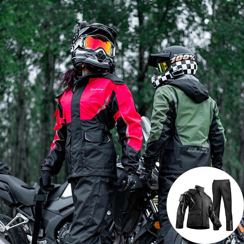 Two riders wearing black and red waterproof motorcycle raincoats standing next to their bikes.
