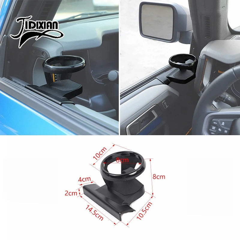 A black cup holder accessory designed for the Ford Bronco A-Pillar, featuring a wide base and various sized openings.