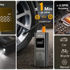 A portable digital tire inflator device shown with its display, a light, and various icons for different vehicle types.