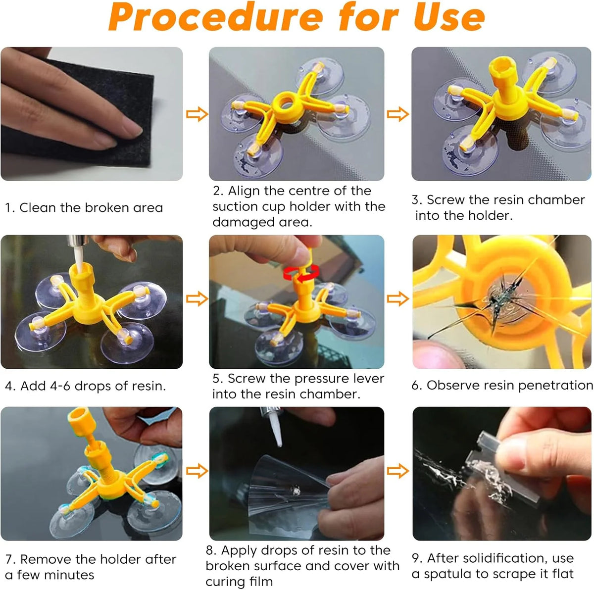 Procedure for use showing steps to repair a broken area with resin and a screw lever