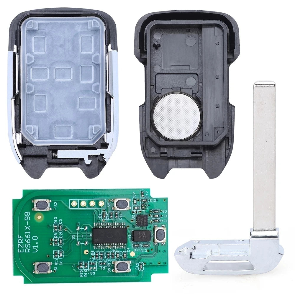 A set of universal key fobs and a circuit board for Chevrolet Silverado/GMC Sierra vehicles.