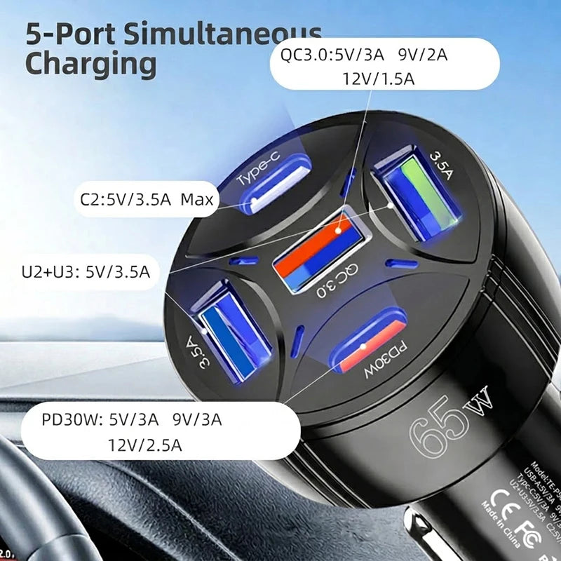 A close-up view of a black 5-port simultaneous charging car charger with Type-C and QC3.0 ports.