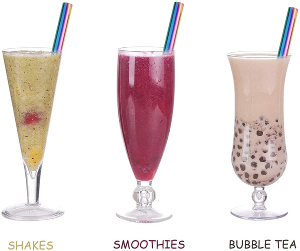 Three drinks are shown: shakes, smoothies, and bubble tea, each with a colorful straw.