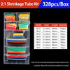 A box of 2:1 shrinkage tube kits containing various colored heat shrink tubing for electrical insulation.