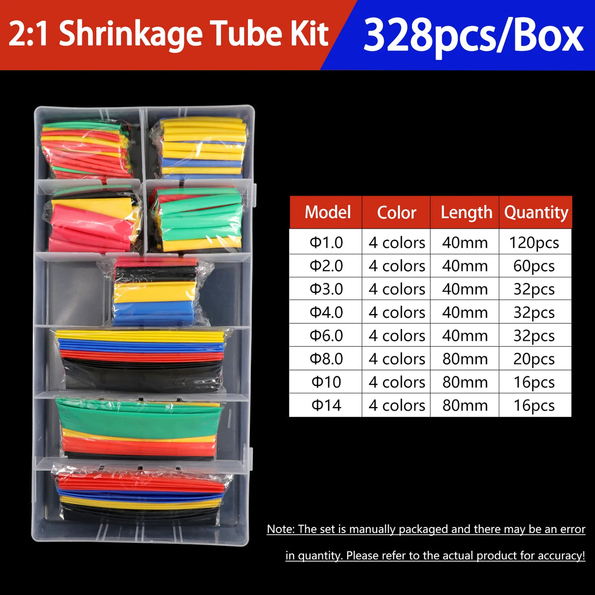 A box of 2:1 shrinkage tube kits containing various colored heat shrink tubing for electrical insulation.