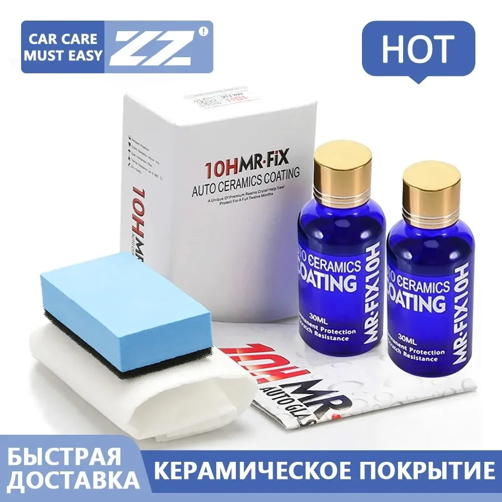 Bottle of MRFIX10H auto ceramics coating liquid next to a white cloth and packaging box.