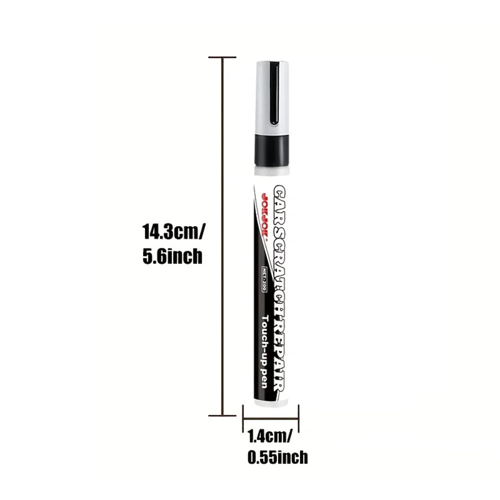 A vertical view of a black precision car touch-up pen with a silver cap and a clear tip.
