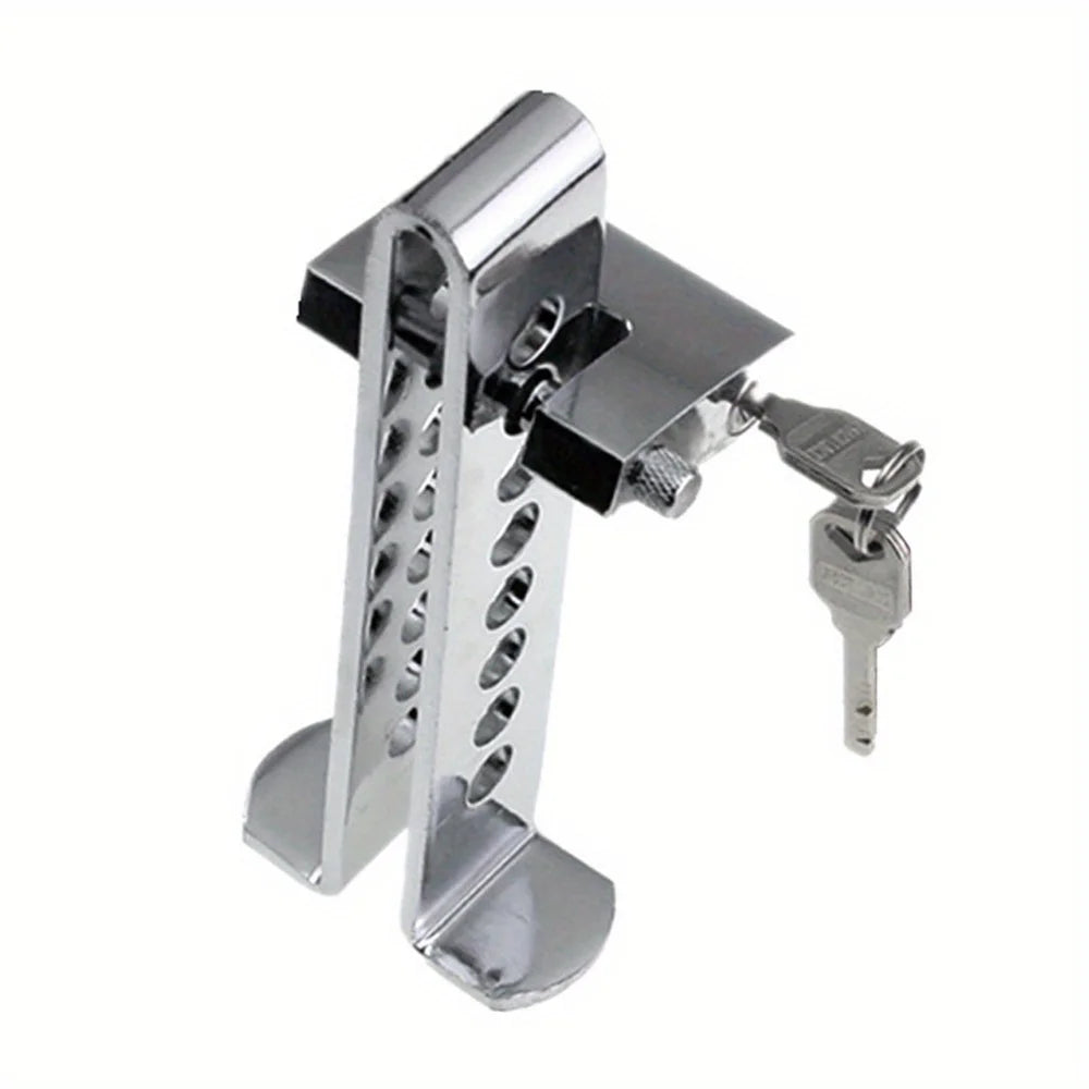 Stainless steel brake pedal clutch lock with a key and mounting bracket