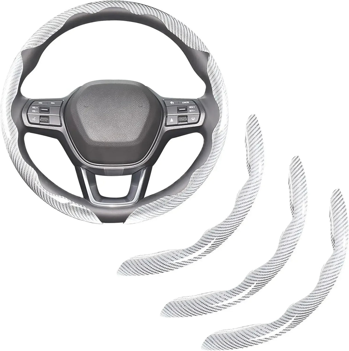 A carbon fiber steering wheel cover with a gray center and white patterned grips.