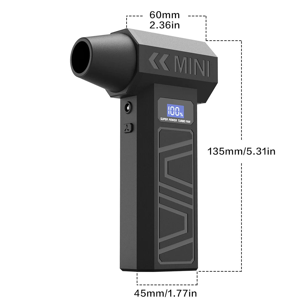 A black high-RPM brushless air blower with a mini nozzle and LED light, shown from the side.