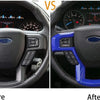 Comparison of a standard steering wheel versus an ABS steering wheel cover trim for Ford trucks and SUVs.