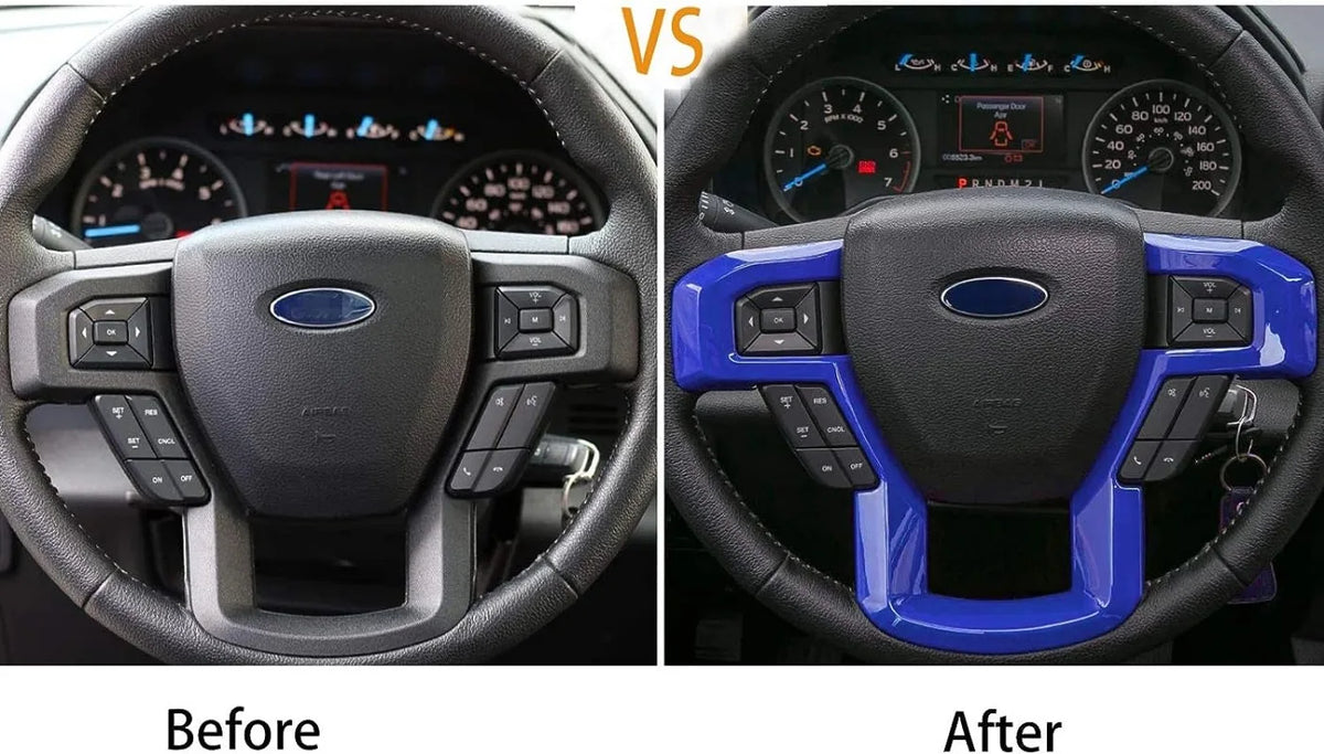 Comparison of a standard steering wheel versus an ABS steering wheel cover trim for Ford trucks and SUVs.