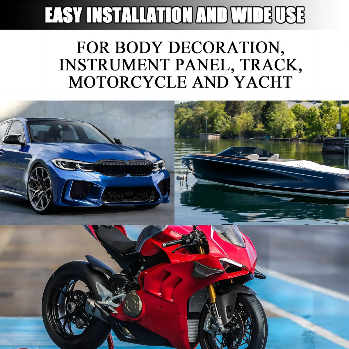 A set of 3D car exterior logo decals applied to various vehicles including a blue sedan, a speedboat, and a red motorcycle.