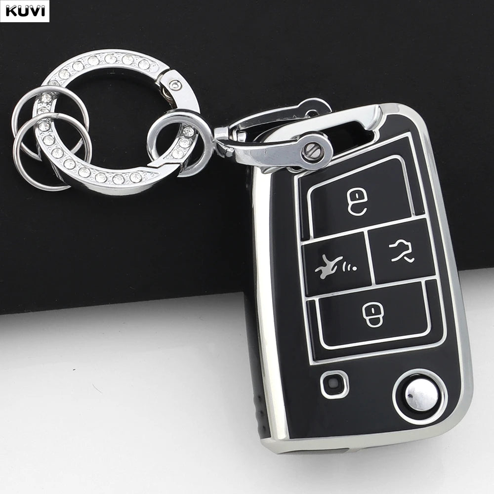 Silbernes TPU-Schutzetui für VW/Skoda-Schlüssel mit Ringverschluss.