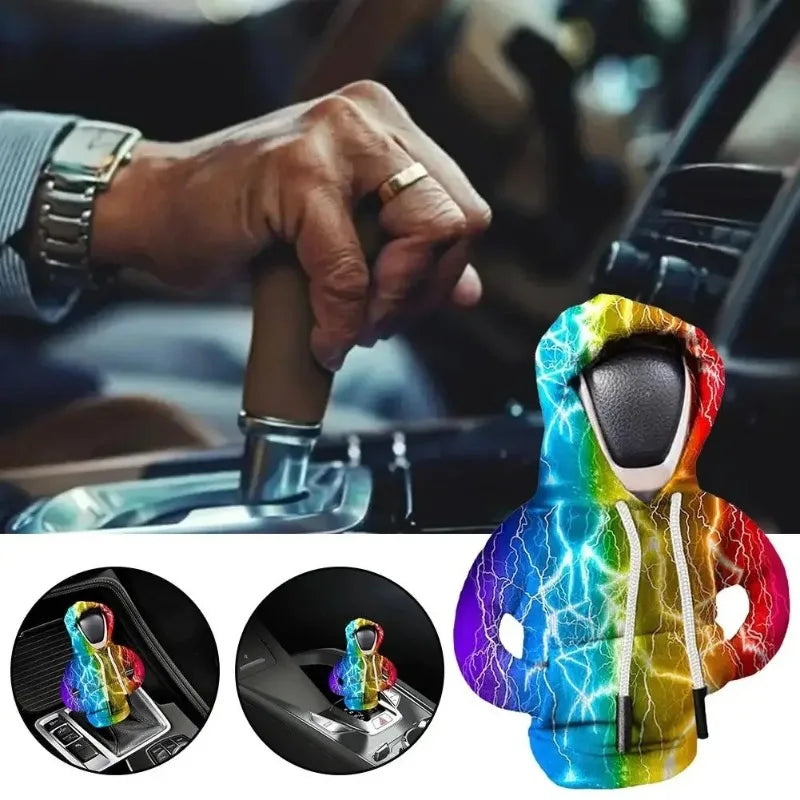 A colorful knit gear shift cover for manual transmission shown in various views.